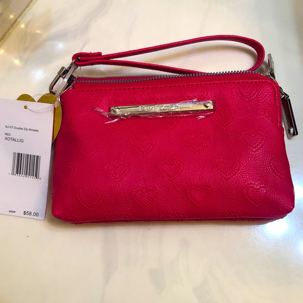 Betsey Johnson Red Faux Leather Double Zip Wristlet Embossed Heart Print NWT
